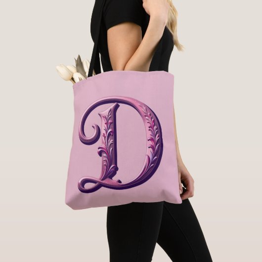 Modern Metallic Rosemaling Letter D, Pink/Purple トートバッグ (クローズアップ)