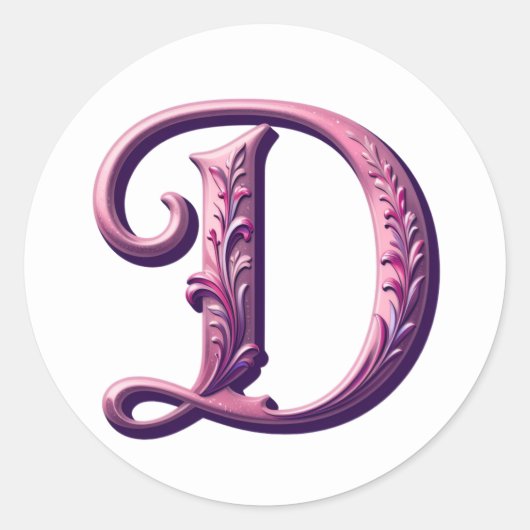 Modern Metallic Rosemaling Letter D, Pink/Purple ラウンドシール (正面)