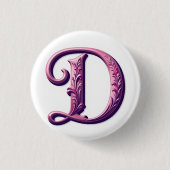 Modern Metallic Rosemaling Letter D, Pink/Purple 缶バッジ (正面)