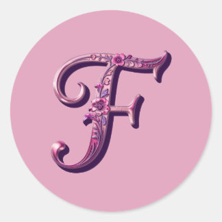 Modern Metallic Rosemaling Letter F, Pink/Purple ラウンドシール