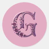 Modern Metallic Rosemaling Letter G, Pink/Purple ラウンドシール (正面)