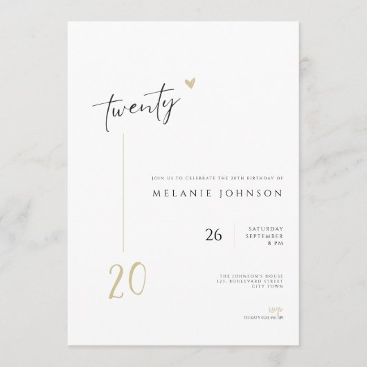 Modern Minimal 20th Birthday Party Invitation 招待状 (正面)