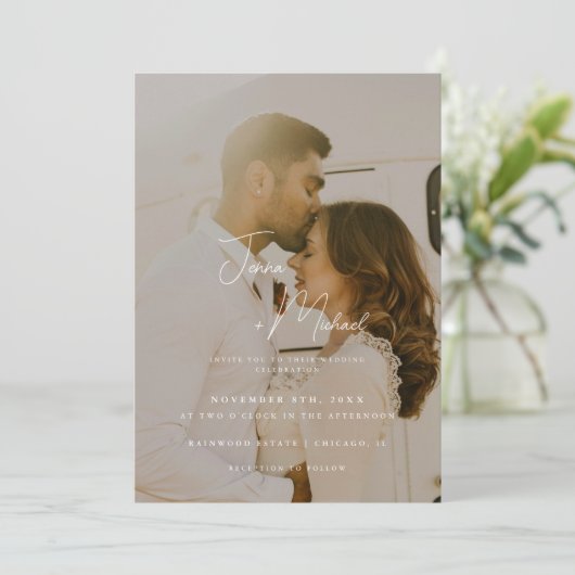 Modern Minimal 2-Photo Beige Wedding 招待状 (スタンド正面)