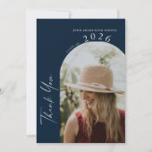 Modern Minimal 2 Photo Script Navy Blue Graduation サンキューカード (正面)