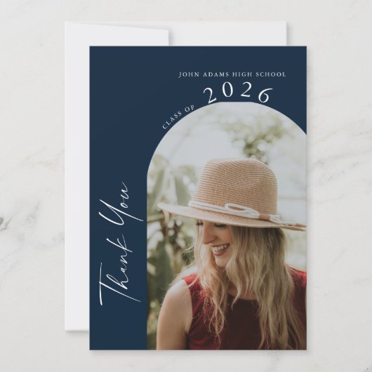 Modern Minimal 2 Photo Script Navy Blue Graduation サンキューカード (正面)