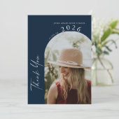 Modern Minimal 2 Photo Script Navy Blue Graduation サンキューカード (スタンド正面)