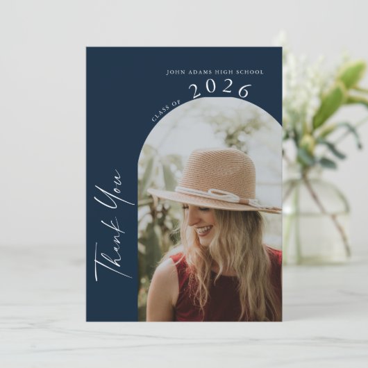 Modern Minimal 2 Photo Script Navy Blue Graduation サンキューカード (スタンド正面)
