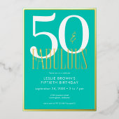 Modern Minimal Aqua Fifty & Fabulous Birthday 箔招待状 (正面)