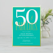 Modern Minimal Aqua Fifty & Fabulous Birthday 箔招待状 (立ち正面)