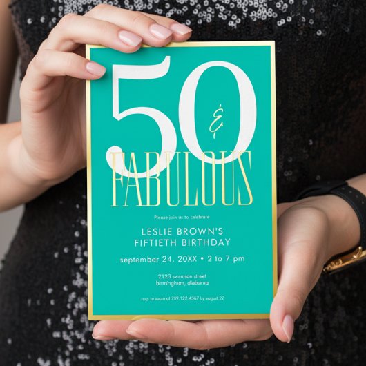 Modern Minimal Aqua Fifty & Fabulous Birthday 箔招待状