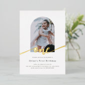 Modern Minimal Arch Photo First Birthday 箔招待状 (立ち正面)