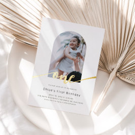 Modern Minimal Arch Photo First Birthday 箔招待状