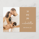 Modern Minimal Beige Photo Birth Announcement ポストカード (正面)