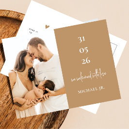 Modern Minimal Beige Photo Birth Announcement ポストカード
