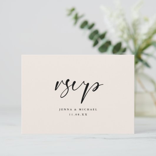 Modern Minimal Beige Script Wedding 出欠カード (スタンド正面)