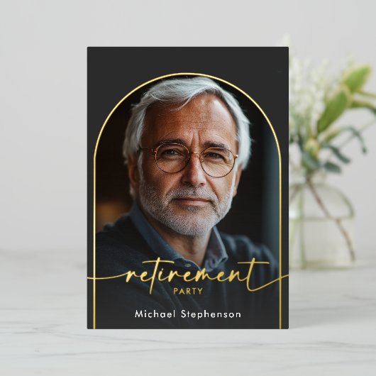 Modern Minimal Black Retirement Party 箔招待状 (立ち正面)