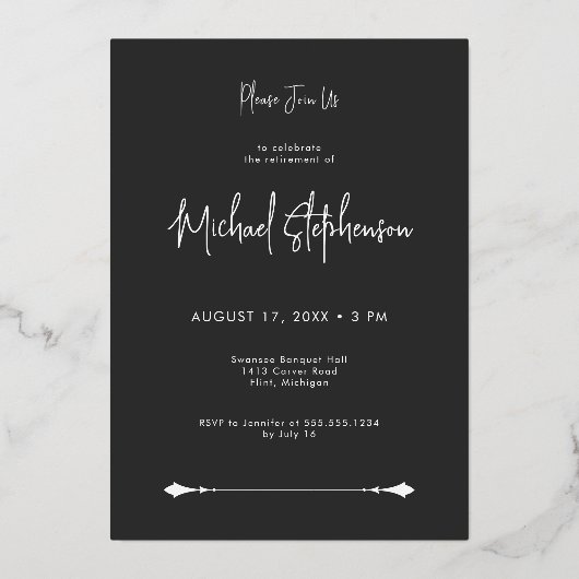 Modern Minimal Black Retirement Party 箔招待状 (裏面)