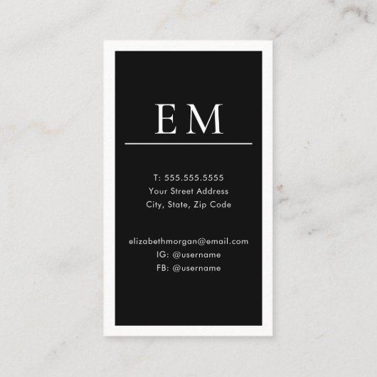 Modern Minimal Black White Monogram Vertical  名刺 (裏面)
