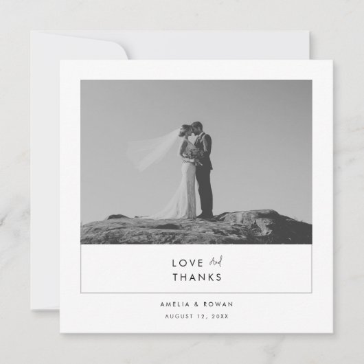 Modern Minimal Black & White Script Photo Wedding  サンキューカード (正面)