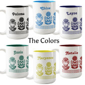 Modern Minimal Blue Folk Art Flowers Custom Name ツートーンマグカップ