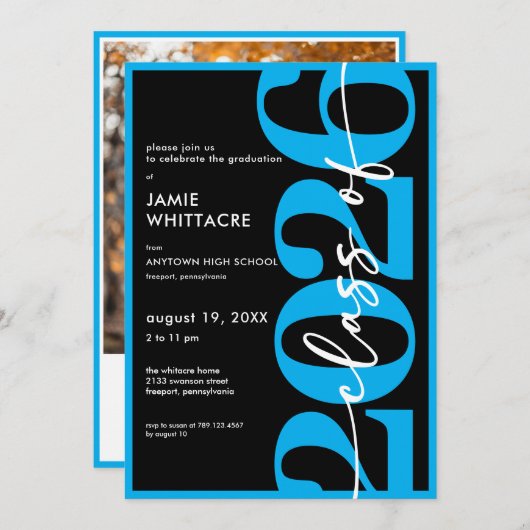 Modern Minimal Blue Typography Graduation Party 招待状 (正面/裏面)