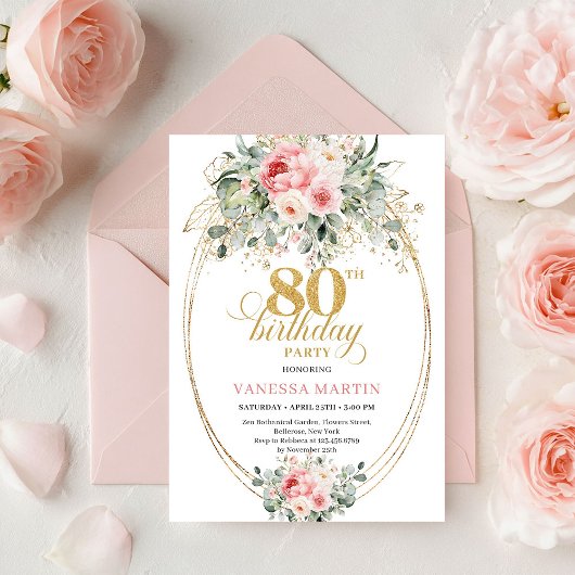 Modern Minimal Blush Floral 80th Birthday Invite  招待状