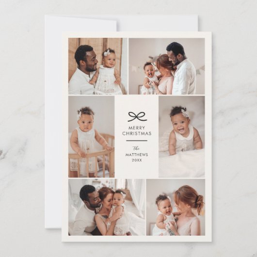 Modern Minimal Bow Six Photo Collage Christmas シーズンカード (正面)