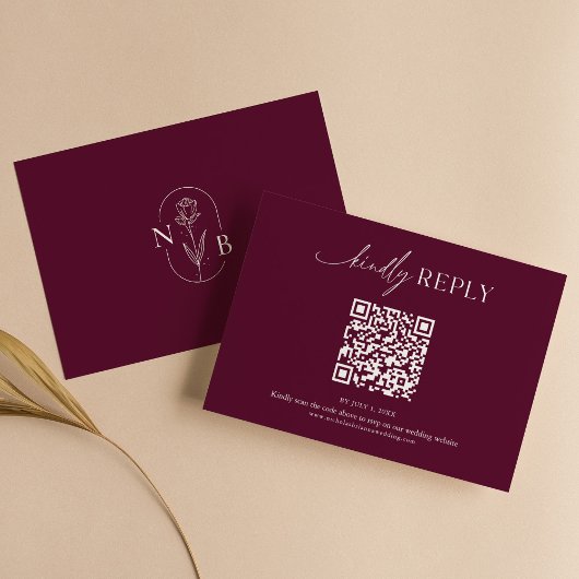 Modern Minimal Burgundy Boho Wedding QR Code 出欠カード
