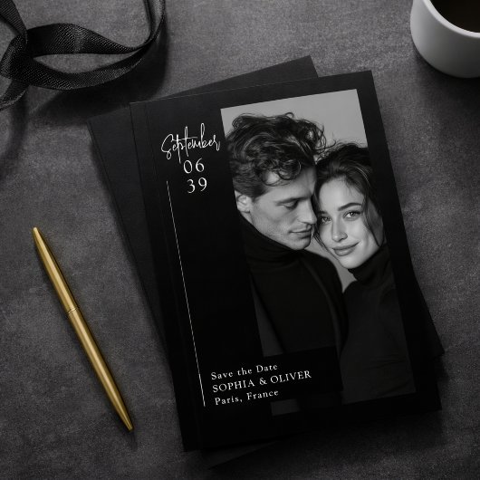 Modern Minimal Editorial Black Photo Save the Date セーブザデート