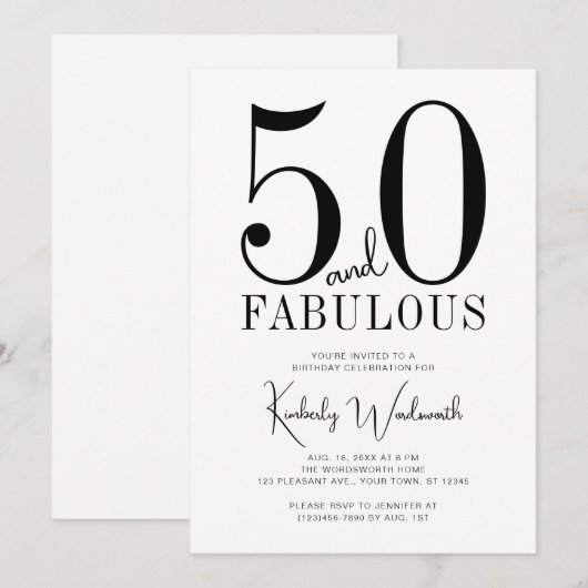 Modern Minimal Fifty and Fabulous 50th Birthday 招待状 (正面/裏面)