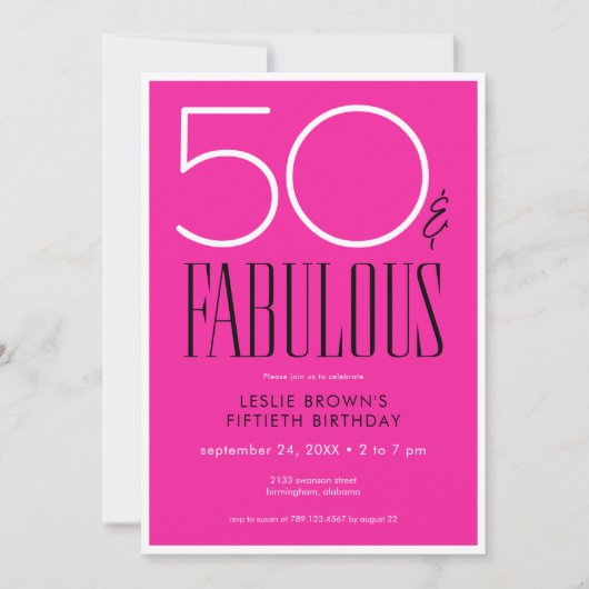 Modern Minimal Fifty Fabulous Bright Pink Birthday 招待状 (正面)