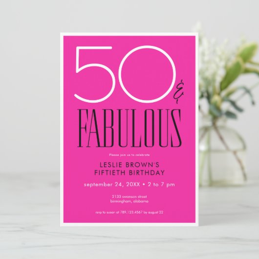 Modern Minimal Fifty Fabulous Bright Pink Birthday 招待状 (スタンド正面)