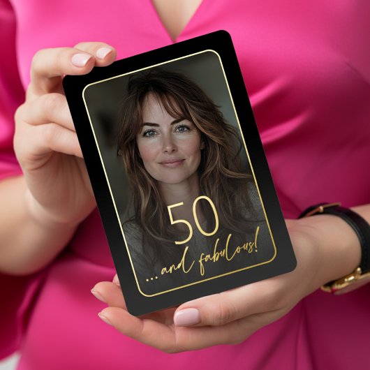 Modern Minimal Fifty Fabulous Photo Black Birthday 箔招待状