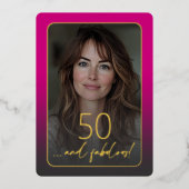 Modern Minimal Fifty Fabulous Photo Pink Birthday 箔招待状 (正面)
