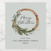 Modern minimal foliage wreath peace script holiday ワインラベル (シングルラベル)