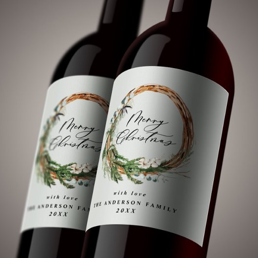 Modern minimal foliage wreath peace script holiday ワインラベル