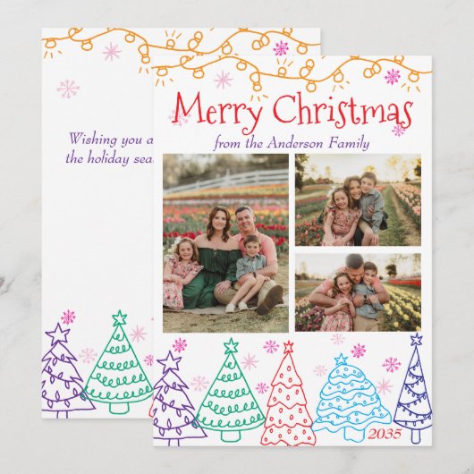 Modern Minimal Fun 3 Photo Doodle Christmas シーズンカード (正面/裏面)