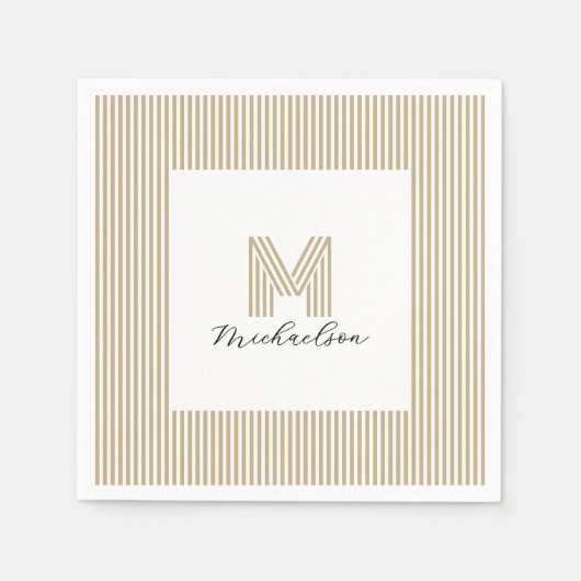 Modern Minimal Gold Stripes Monogram スタンダードカクテルナプキン (正面)