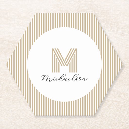 Modern Minimal Gold Stripes Monogram ペーパーコースター (正面)