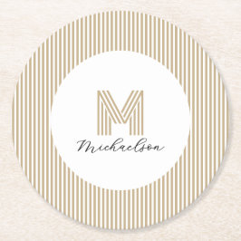 Modern Minimal Gold Stripes Monogram ラウンドペーパーコースター