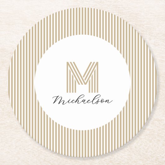 Modern Minimal Gold Stripes Monogram ラウンドペーパーコースター (正面)