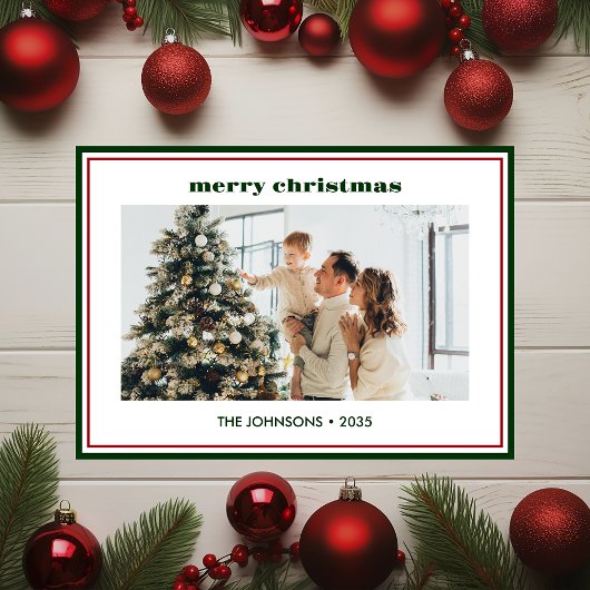 Modern Minimal Green Border Photo Holiday Card シーズンカード