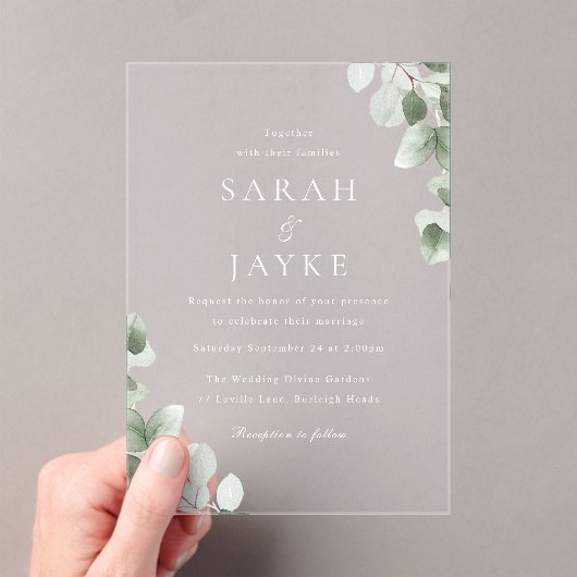 Modern Minimal Green Leaf White Wedding アクリル招待状 (インサイチュ (ポータブル))