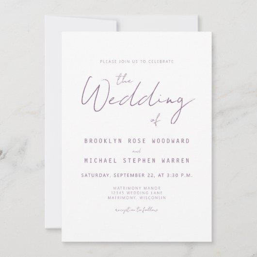 Modern Minimal Mauve Script Wedding Invite 招待状 (正面)