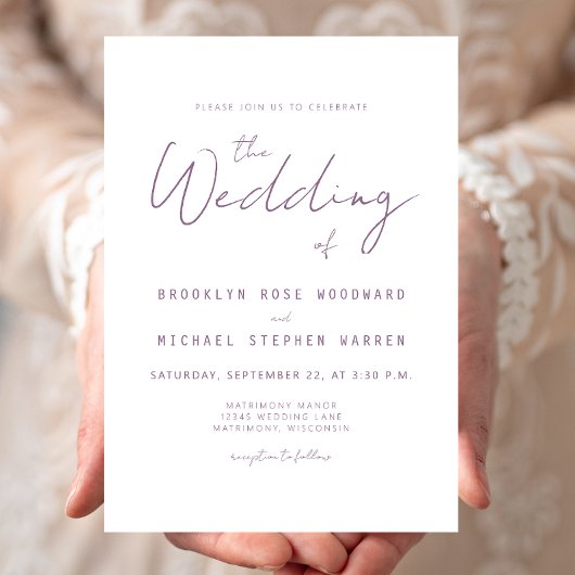 Modern Minimal Mauve Script Wedding Invite 招待状