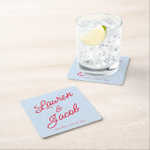 Modern Minimal Minimalist Blue and Red Wedding スクエアペーパーコースター (インサイチュ)