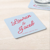 Modern Minimal Minimalist Blue and Red Wedding スクエアペーパーコースター (アングル)