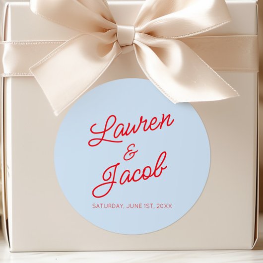 Modern Minimal Minimalist Blue and Red Wedding ラウンドシール
