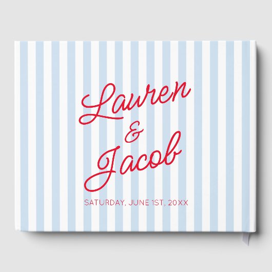 Modern Minimal Minimalist Blue Stripes Red Wedding ゲストブック (裏面)
