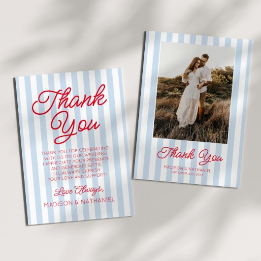 Modern Minimal Minimalist Blue Stripes Red Wedding サンキューカード